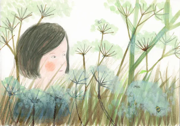 Sarah Lacey watercolour, ink and pencil piece, showing a young girl curiously studying cow parsley plants amongst long grass with a couple of bees buzzing around them.