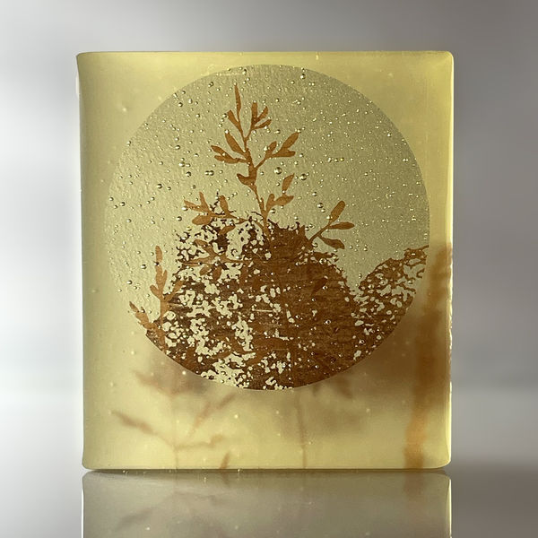 Helen Slater glass sculpture in yellow frosted glass and sepia drawings of grasses