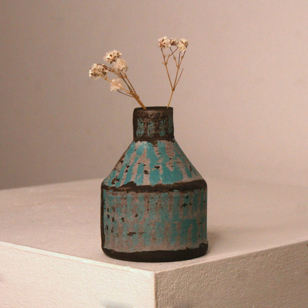 Elly Wall stoneware ceramic bud vase with teal glaze