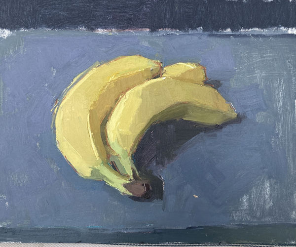 Sarah Spackman still life painting of 3 yellow bananas in a bunch. Painted in figurative brush strokes, the surface behind contrasts the yellow bananas with deep grey-blue hues.