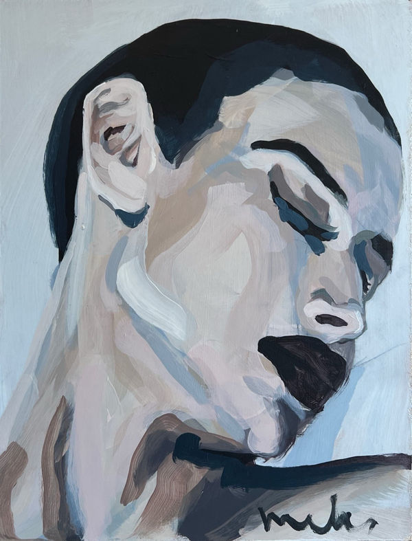 Veronica Wells portrait painting of a face turned to the right with her eyes closed, with pale skin and dark hair and lips