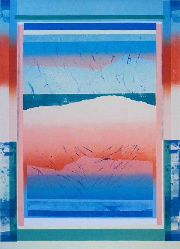 Angus Vasili silkscreen print of an abstracted landscape with a polarised border in pinks, blues, greens and reds
