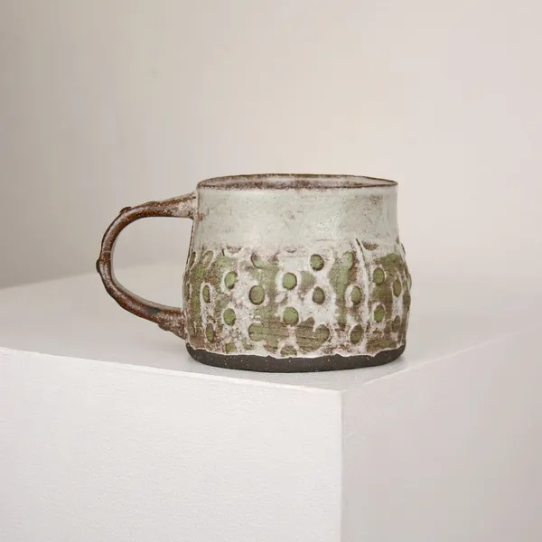 Elly Wall stoneware ceramic mug with raised bumped texture and sage green glaze