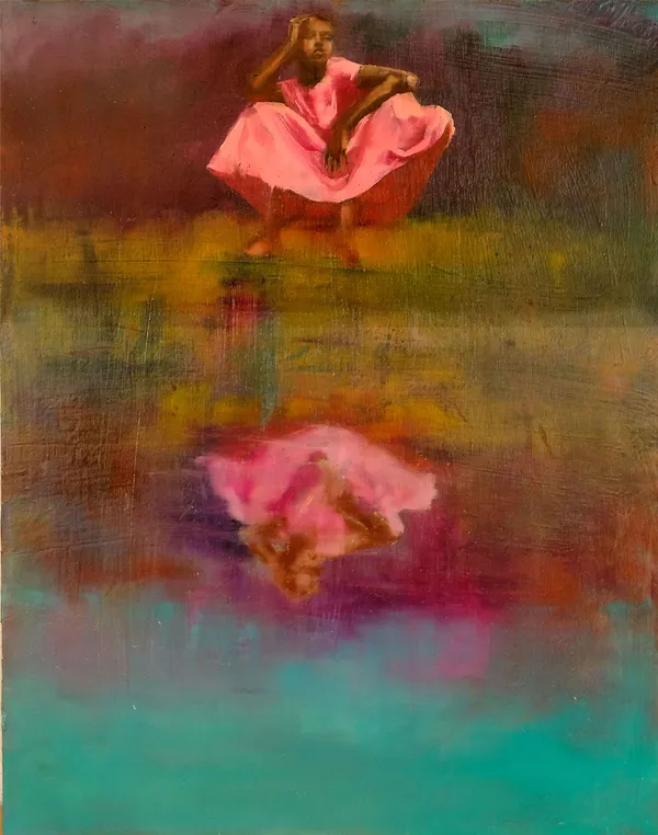 Richard Twose painting on board of a female figure in a pink dress shown reflected in a body of water