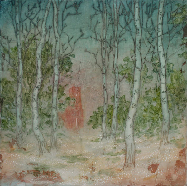 A birch woodland painting by Daniel Ablittin pale pinks and greens with a red building faintly visible in the background.