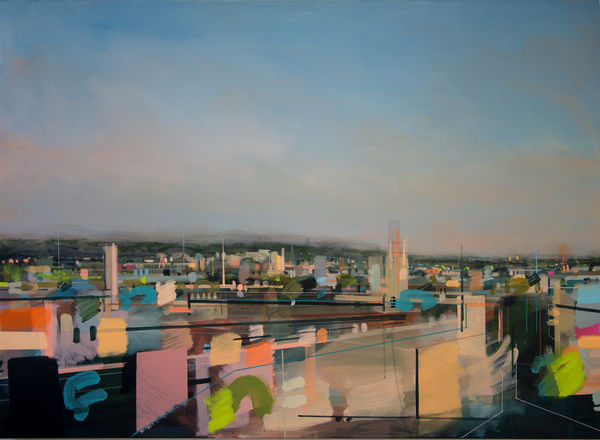 Chris Farrell painting of the contemporary Oxford skyline in daytime, with bright clear blue skies