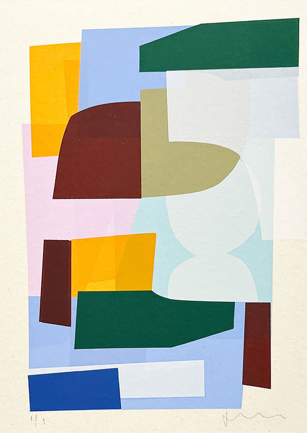 Jonathan Lawes abstracted silkscreen print of semi circles and oblongs in colours of red, green, blue, pink and yellow