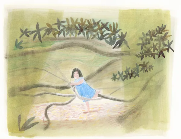 Sarah Lacy watercolour, ink and pencil piece, showing a young girl playing among the branches of a tree with a great beam of sunlight shining upon her, surrounded by luscious greenery.