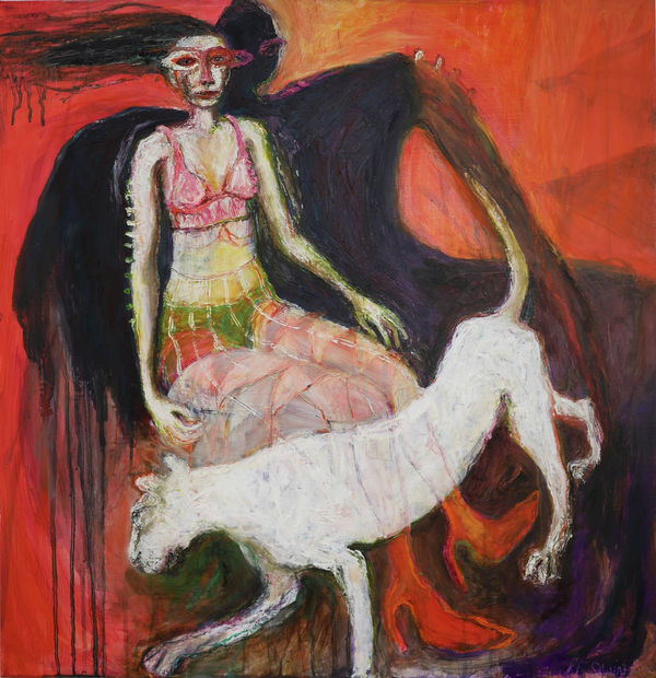 Rebecca Swainston painting of a female figure kneeling with a white lion circling her, behind her she is enveloped by a dark figure against a deep red background