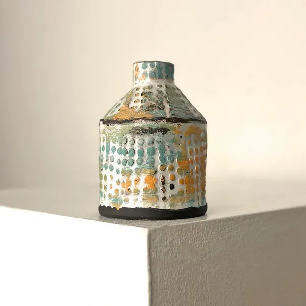 Elly Wall ceramic bottle vase with raised dotted markings in colours blue, sage and orange