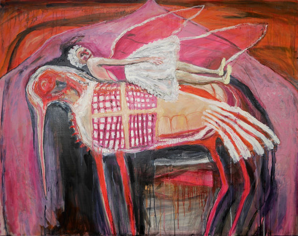 Rebecca Swainston painting of a female performer, dressed in ballet attire with wings, resting with her back on a large pink mythical beaked creature, painted in pinks and reds