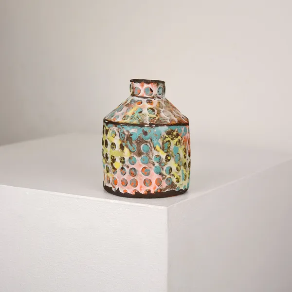 Elly Wall ceramic bottle vase with raised polka dots in colours yellow, blue and pink