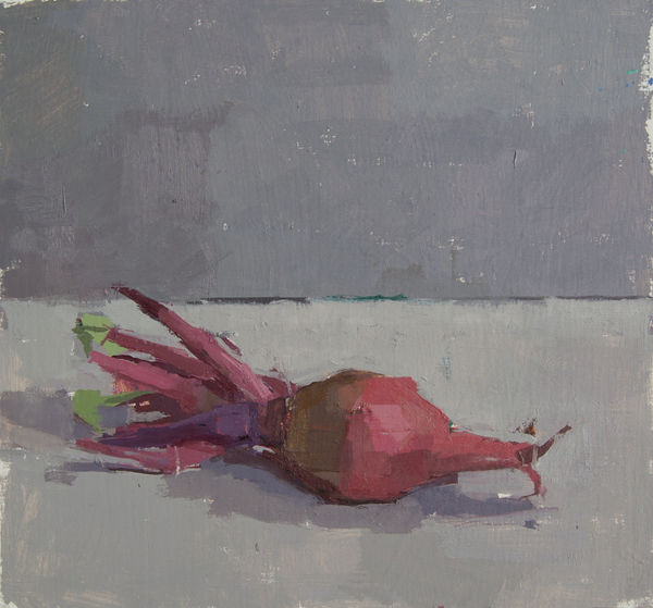 Sarah Spackman still life painting of a pinky red turnip on a grey background
