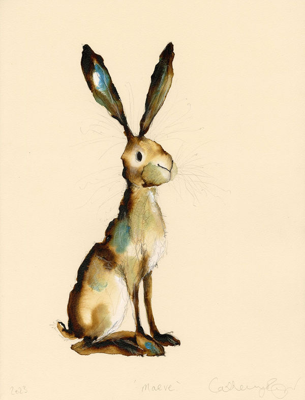 Catherine Rayner original painting of a single seated hare, ears pricked up, looking to the right