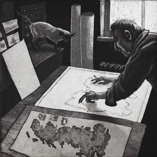 Mychael Barratt Silkscreen print from his series Artists Cats and Dogs of Norman Ackroyd looking at his desk with a cat by his side