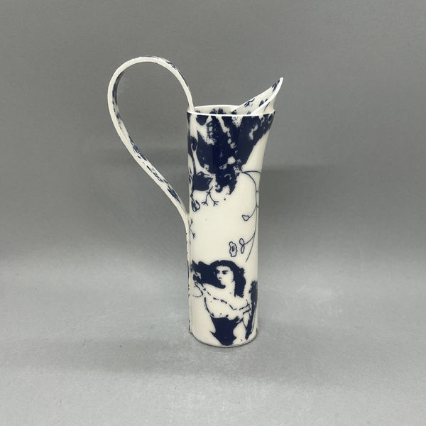 Janine Roper large handled jug with blue and white floral design