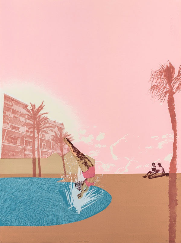 Anna Marrow print of a swimmer diving into a turquoise pool, the sky is pink and tall buildings can be seen in the distance.
