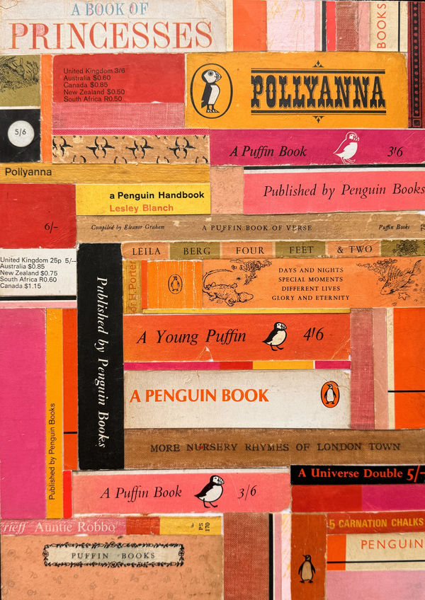 Emma Davis mixed media collage piece using vintage book covers, in colours pink, orange and yellow