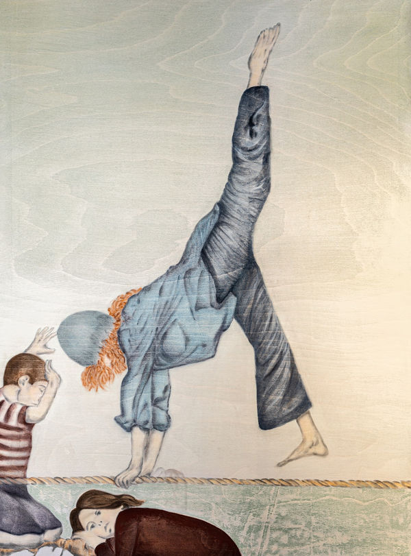 Zelga Simone Miller painting of a maternal figure with curly auburn hair, a beanie, denim shirt and jeans on doing a handstand on a tight rope while two children in the left hand corner play together.