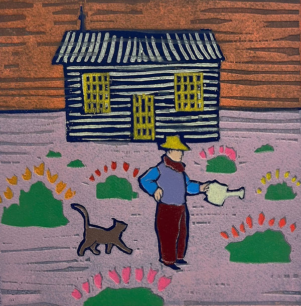 Mychael Barratt woodcut print of a male figure stood outside of Jarman's famous cottage, watering the front garden with a cat by his side