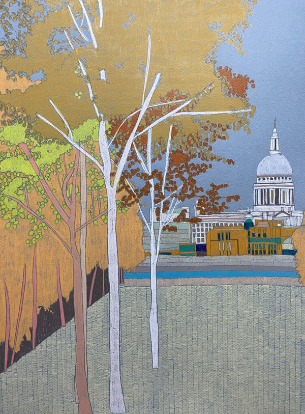 Clare Halifax coloured pencil drawing of St Paul's, in colours orange, green and blue