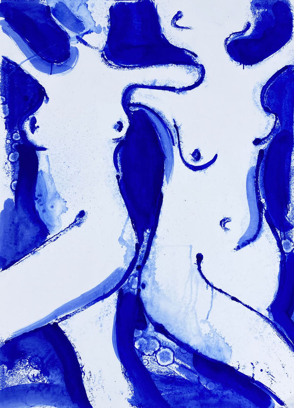 Clare Bonnet, monotype of two nude female figures in motion depicted in a soft, loose lines, against a bright blue background