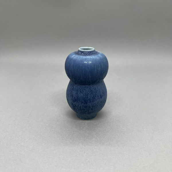 Yuta Segawa miniature vase in a bulbous tiered urn shape with a deep blue sparkled glaze