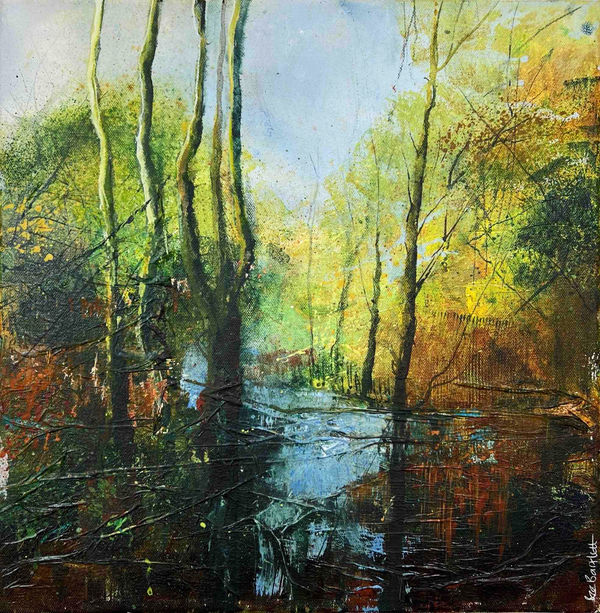 Bee Bartlett mixed media on canvas painting showing a semi-abstracted landscape with a river lined with silhouettes of trees