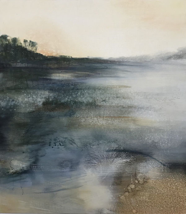 Amy Albright abstracted seascape in tones of brown, grey, blue and green with a headland in the background to the left.