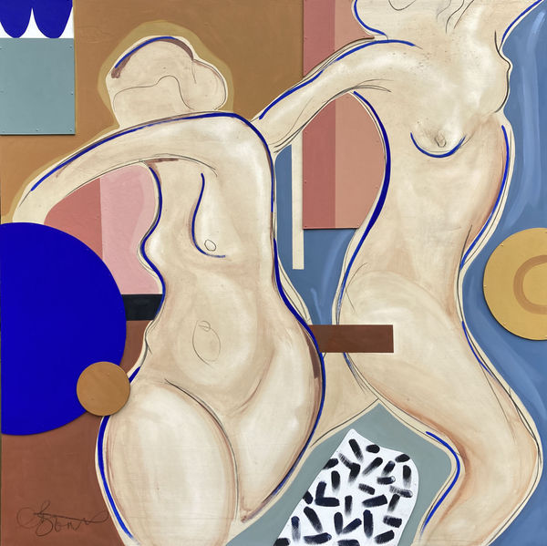 Clare Bonnet painting of two nude female figures in motion against a background of geometric shapes in bright blue and muted pinks and ochre.