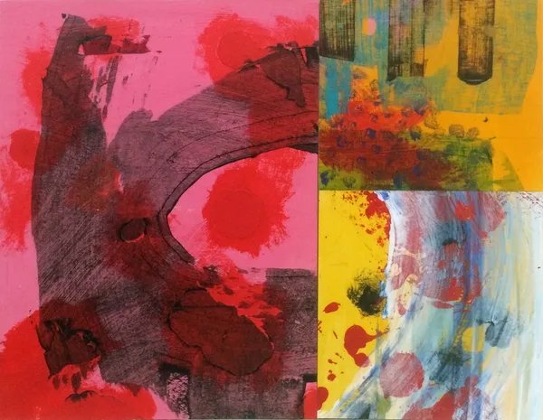 Mark Haddon acrylic piece on board with 3 different sections, all presenting an experimentation of contrasting colours and pattern.