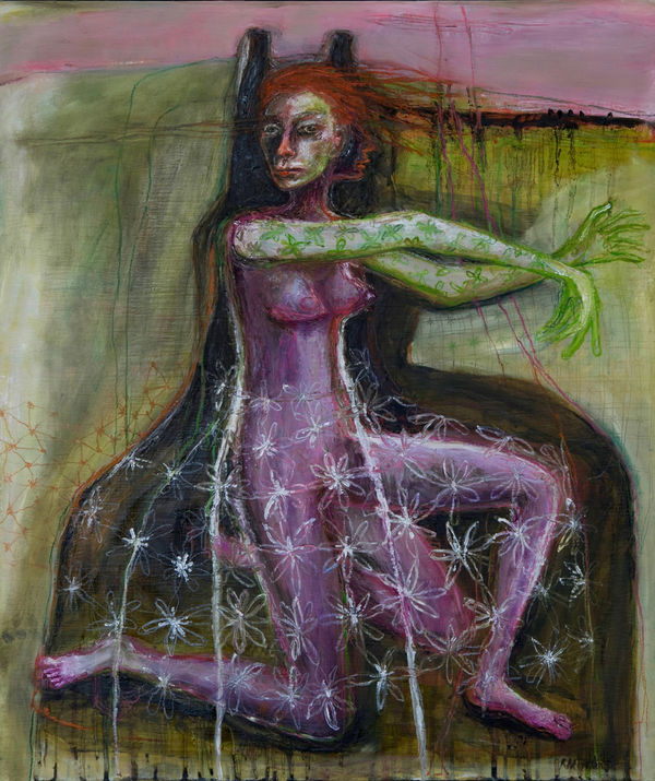 Rebecca Swainston painting of a female figure in purple flowing clothing, half kneeling in a green landscape.