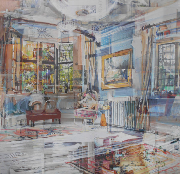 Alison Pullen collage painting of a sittingroom with a bay window, colourful rugs on the floor in the foreground and a large gold-framed painting on the wall.
