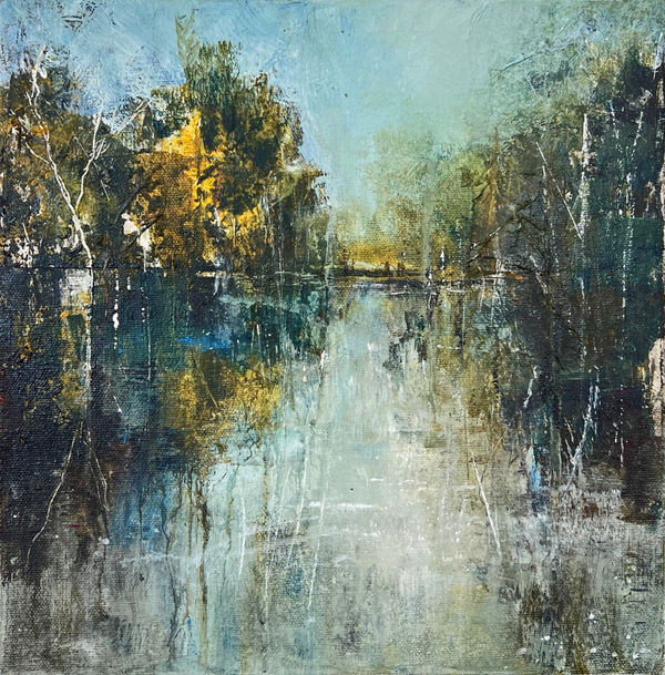 Bee Bartlett mixed media on canvas painting showing a semi-abstracted landscape with a river lined with silhouettes of trees