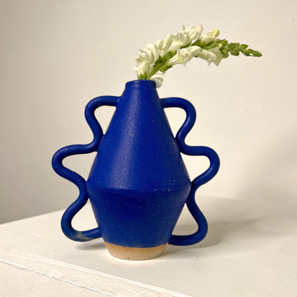 Sophie Alda diamond shaped ceramic vase glazed in Yves Klein Blue