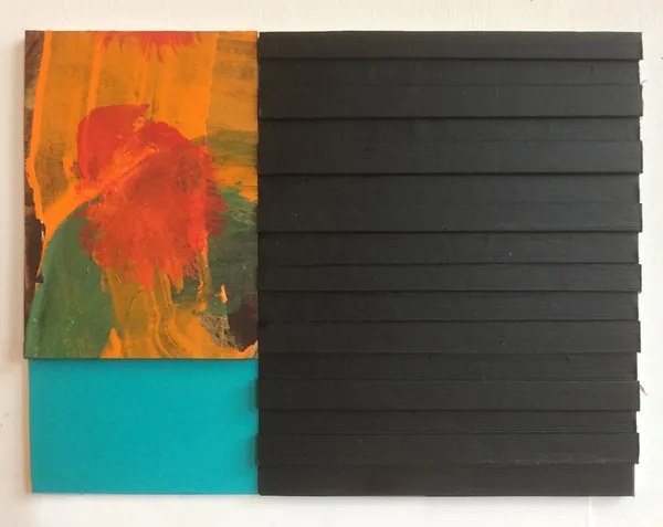 Mark Haddon 3-dimensional acrylic piece with 3 sections, one part in black with horizontal black lines, another with orange red & teal green pattern, and the last in bright teal green block colour.