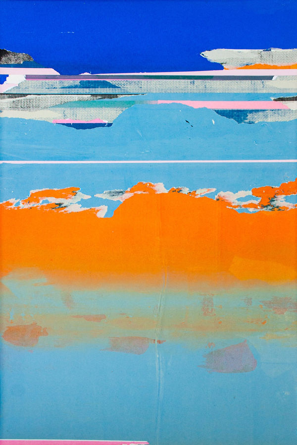 Angus Vasili abstracted mixed media collage of a landscape in blues, oranges, pinks and black.