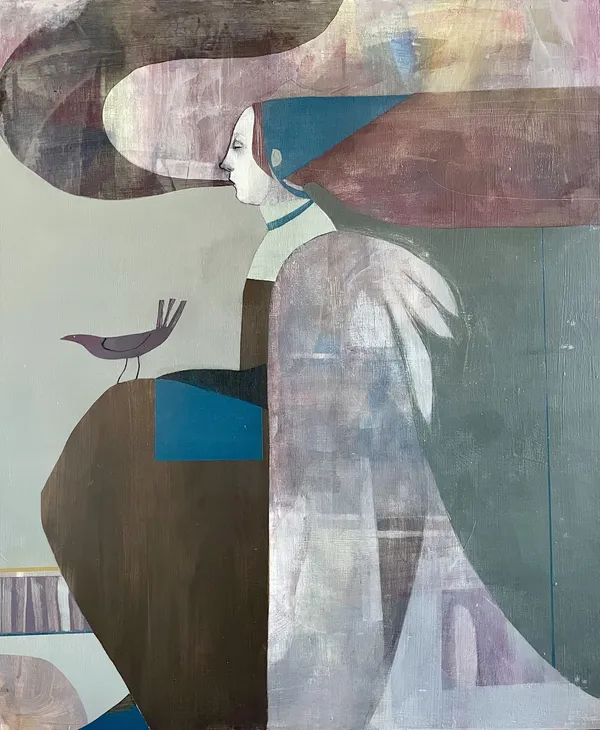 Letitia Thompson acrylic on board painting of a figure emerging from abstracted shapes, in a muted pallete
