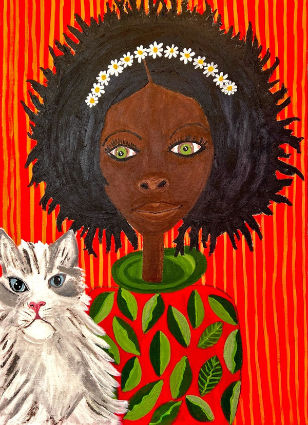 Nadia Koo portrait painting of a woman against a red striped background with a white fluffy cat to her left