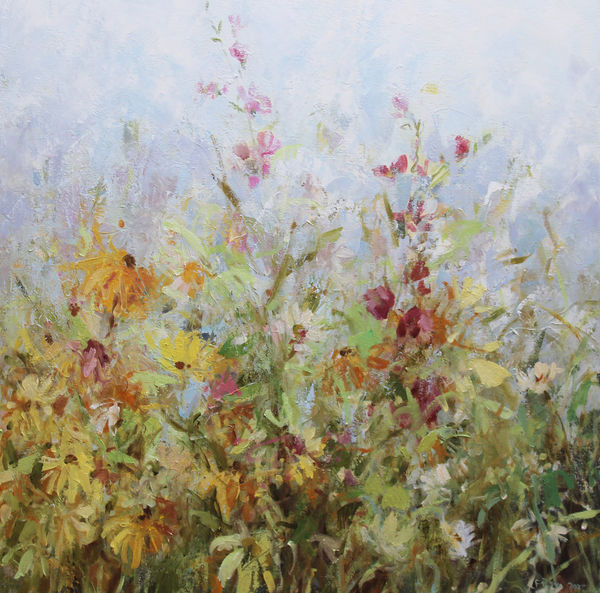 Fletcher Prentice painting of a flower border in soft oranges, yellows and apricots