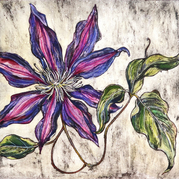 Vicky Oldfield collagraph print of a close purple flower head