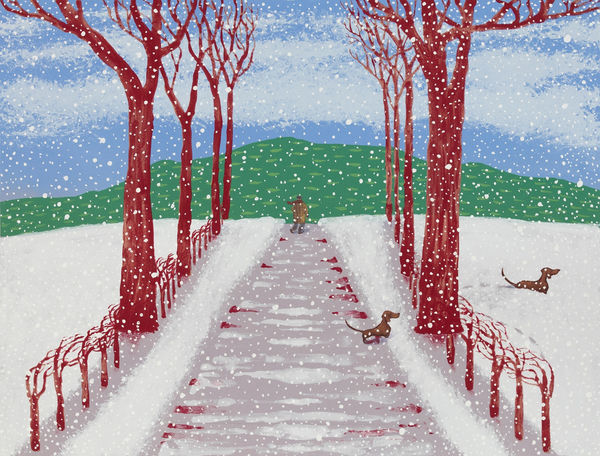 Mychael Barratt Silkscreen print from his series Artists Cats and Dogs of a snowy forest scene with two sausage dogs walking along a path