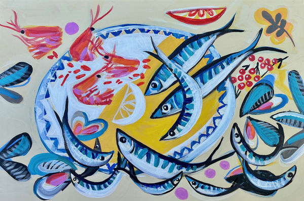 Marissa Weatherhead painting of a seafood platter with small fish and shrimp on a blue and white ceramic plate, surrounded by lemons and other garnishes