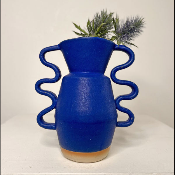 Sophie Alda diamond shaped ceramic vase glazed in Yves Klein Blue