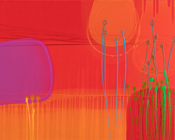 Charlotte Cornish abstract painting showing translucent layers of the colours orange, red, pink, and green