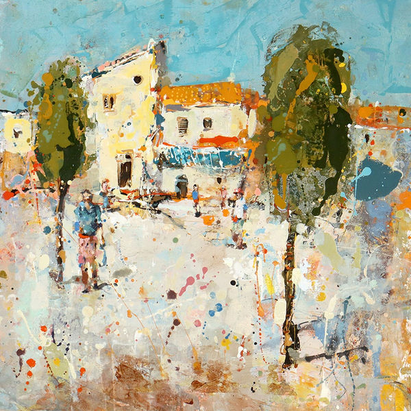 Andrew Hood semi-abstracted landscape in splatter style paint marks of Les Salins in St. Tropez