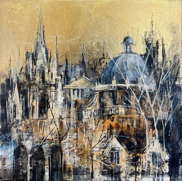 Bee Bartlett mixed media on canvas Oxford painting of Oxford roof tops with gold leaf sky detail