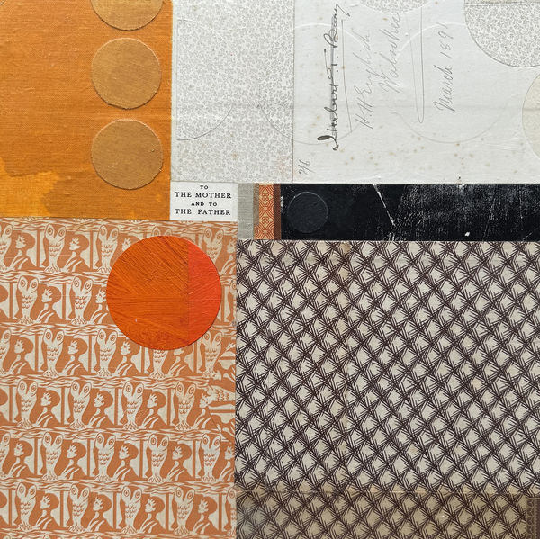 Emma Davis mixed media collage piece using vintage book covers, in colours orange, black and grey