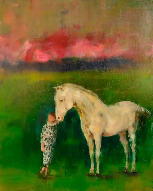 Richard Twose painting on board of a small young boy next to a white horse, against a green and pink background