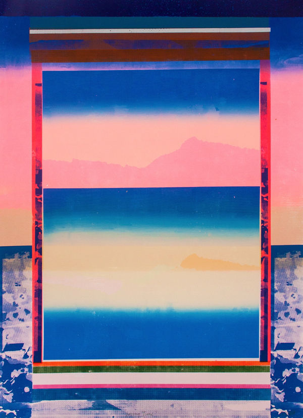 Angus Vasili silkscreen print of an abstracted landscape is layers of blue, pink and creams with a polarised border
